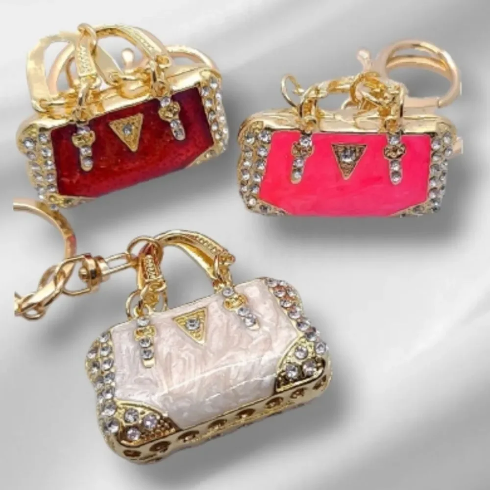 Pink Mini Handbag Bag Clip Purse Charm Rhinestone Pearlized Enamel Gold Keychain